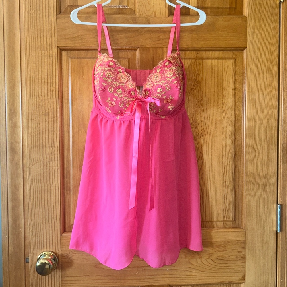 Cacique Pink and Gold Lace Babydoll Chemise